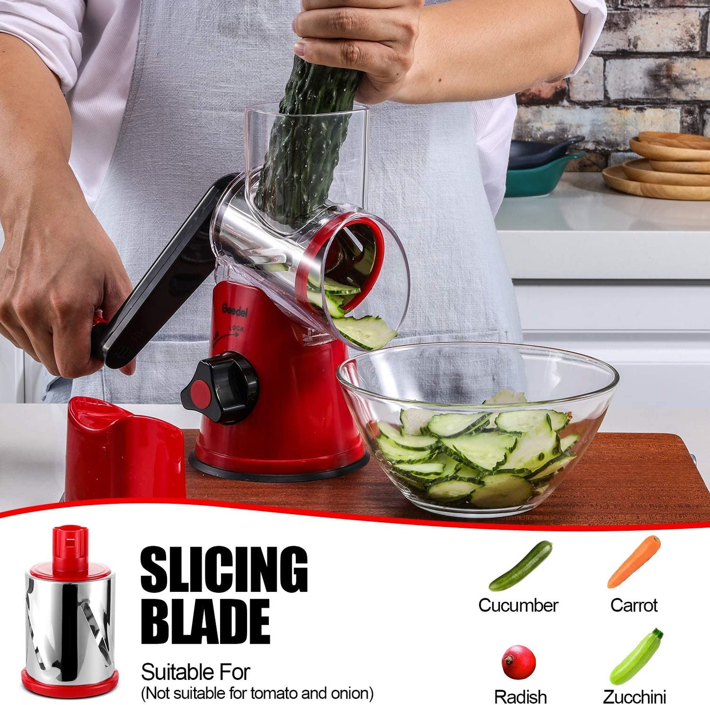 Rotary Cheese Grater, Kitchen Mandoline Vegetable Slicer with 3 Interchangeable Blades, Easy to Clean Grater for Fruit, Vegetables, Nuts