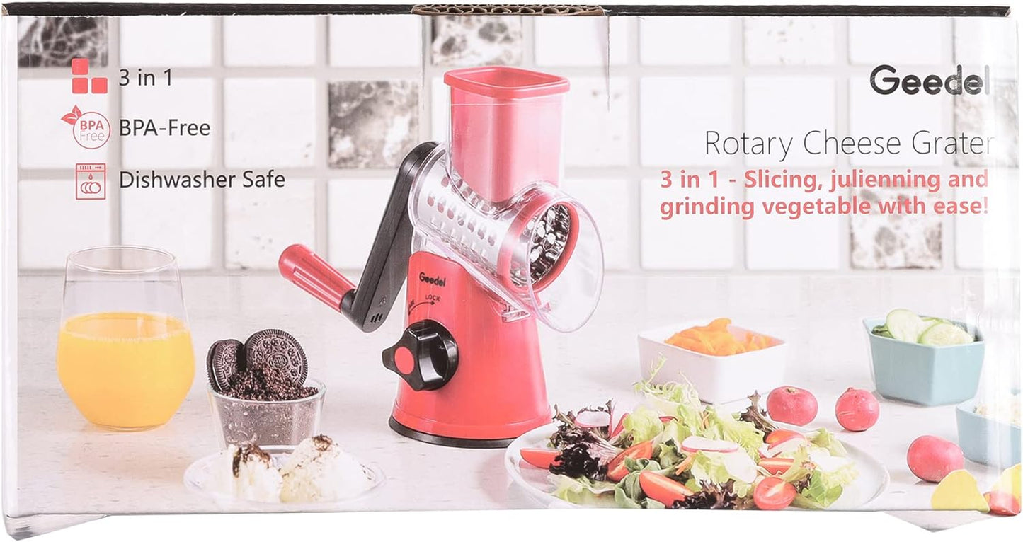 Rotary Cheese Grater, Kitchen Mandoline Vegetable Slicer with 3 Interchangeable Blades, Easy to Clean Grater for Fruit, Vegetables, Nuts