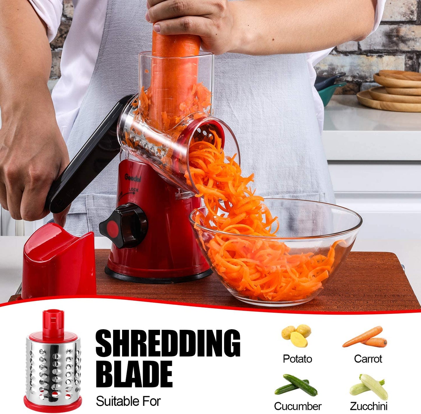 Rotary Cheese Grater, Kitchen Mandoline Vegetable Slicer with 3 Interchangeable Blades, Easy to Clean Grater for Fruit, Vegetables, Nuts