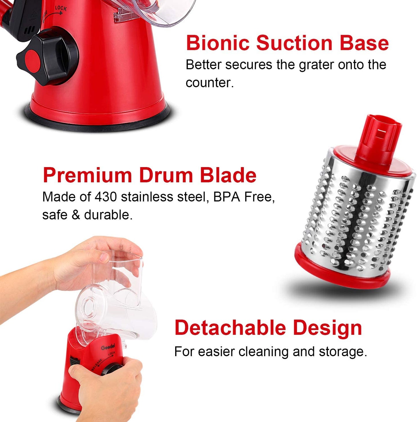 Rotary Cheese Grater, Kitchen Mandoline Vegetable Slicer with 3 Interchangeable Blades, Easy to Clean Grater for Fruit, Vegetables, Nuts