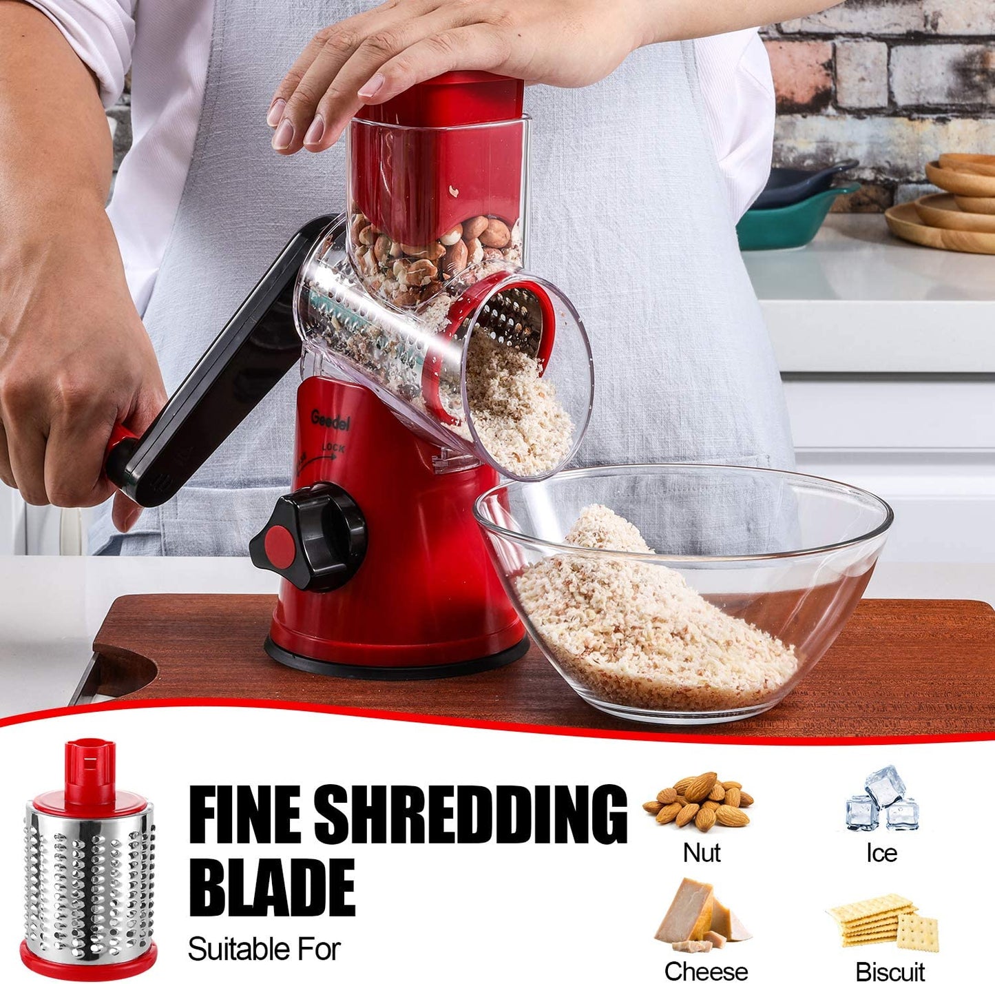 Rotary Cheese Grater, Kitchen Mandoline Vegetable Slicer with 3 Interchangeable Blades, Easy to Clean Grater for Fruit, Vegetables, Nuts