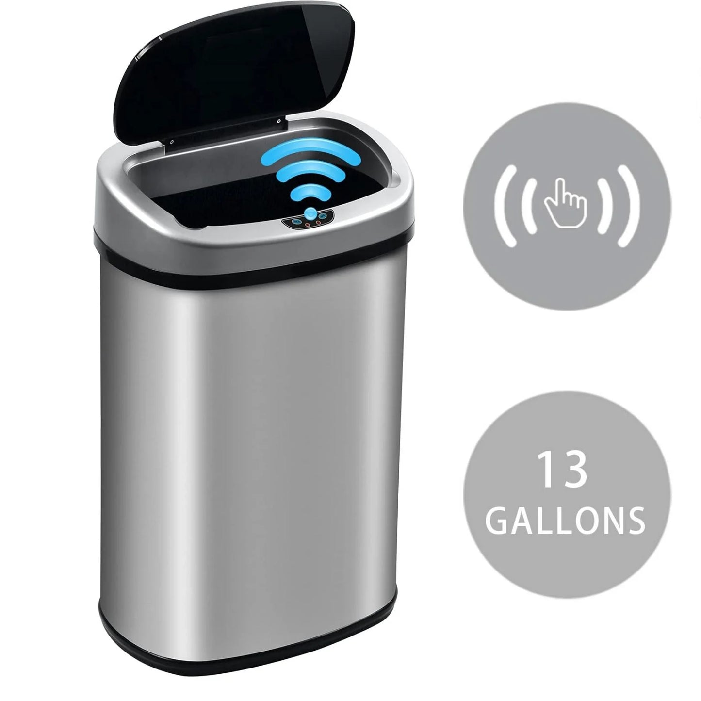 Kitchen with Lid, 13 Gallon Automatic Stainless Steel Garbage Can with Touch-Free & Motion Sensor, Anti-Fingerprint Mute Designed Waste Bin for Office Home, Silver