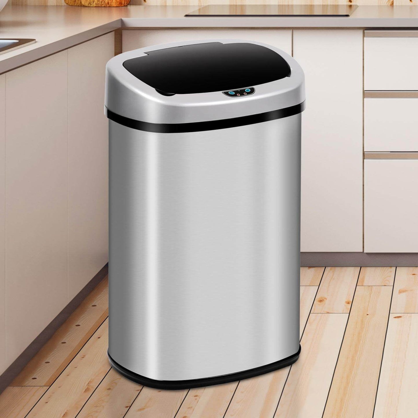 Kitchen with Lid, 13 Gallon Automatic Stainless Steel Garbage Can with Touch-Free & Motion Sensor, Anti-Fingerprint Mute Designed Waste Bin for Office Home, Silver