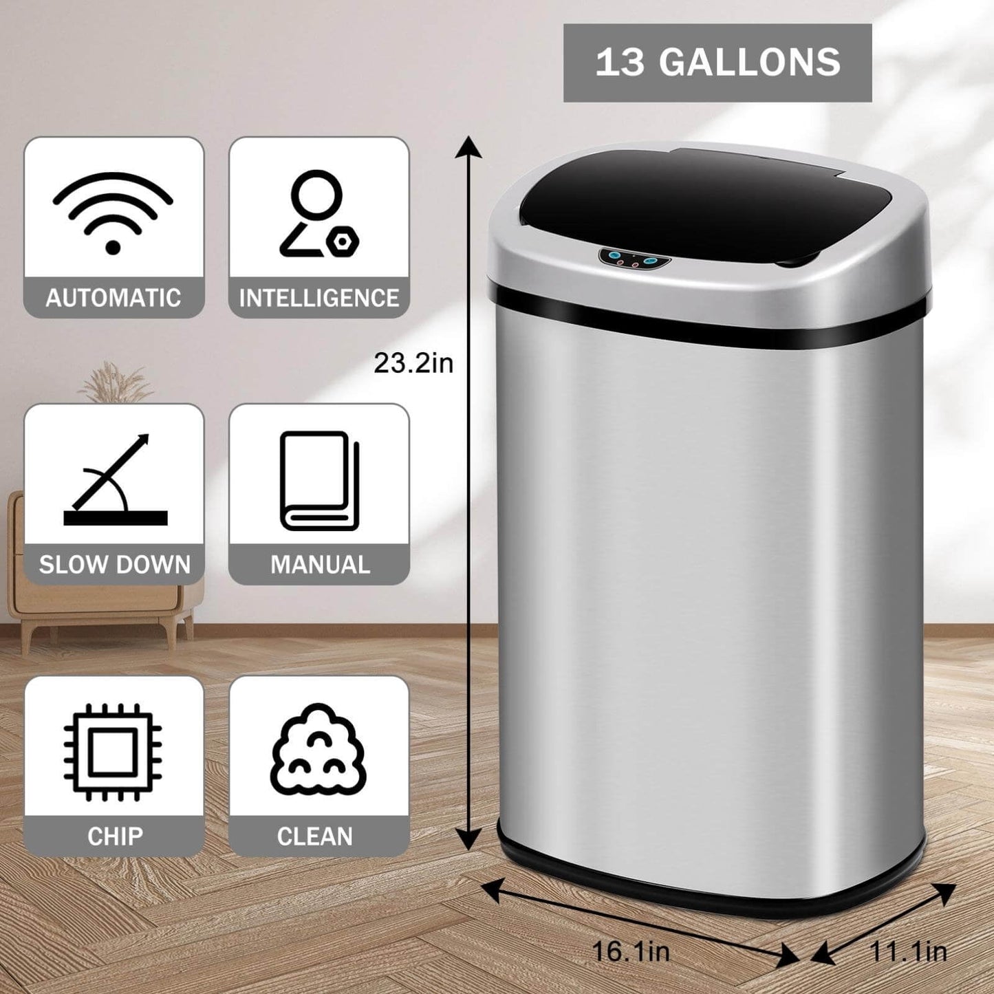 Kitchen  with Lid, 13 Gallon Automatic Stainless Steel Garbage Can with Touch-Free & Motion Sensor, Anti-Fingerprint Mute Designed Waste Bin for Office Home, Silver