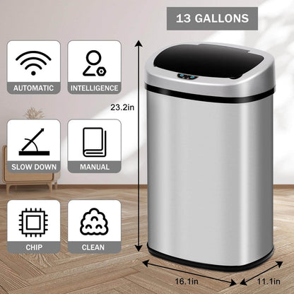 Kitchen  with Lid, 13 Gallon Automatic Stainless Steel Garbage Can with Touch-Free & Motion Sensor, Anti-Fingerprint Mute Designed Waste Bin for Office Home, Silver
