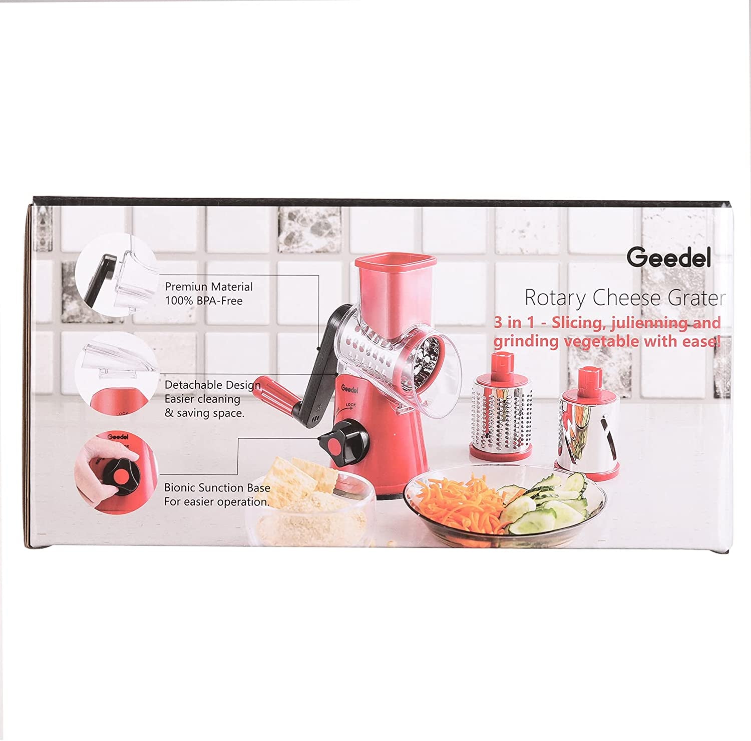 Rotary Cheese Grater, Kitchen Mandoline Vegetable Slicer with 3 Interchangeable Blades, Easy to Clean Grater for Fruit, Vegetables, Nuts