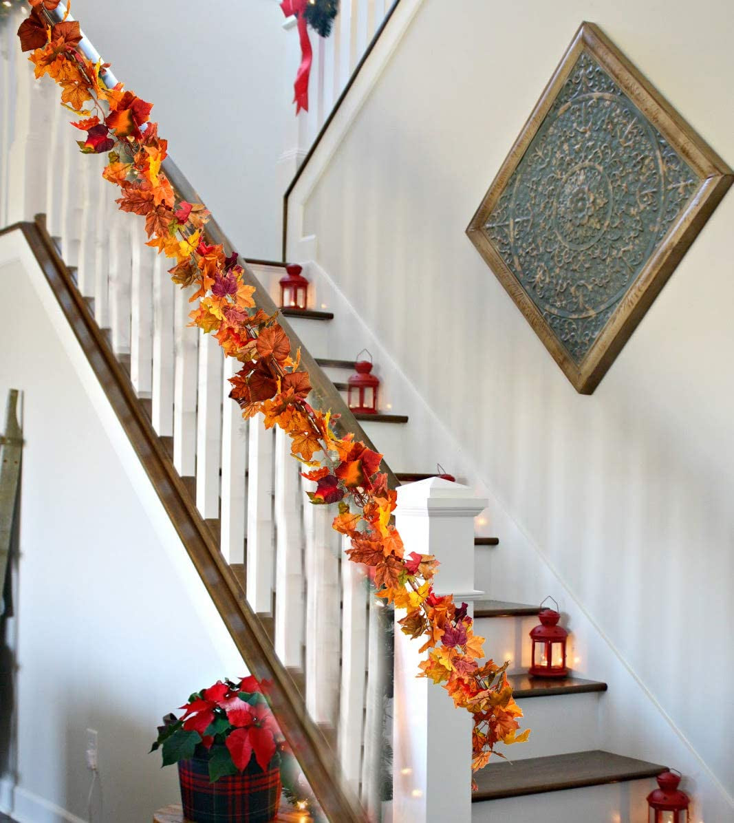 2 Pack Fall Garland Maple Leaf, 5.9Ft/Piece Hanging Vine Garland Artificial Autumn Foliage Garland Thanksgiving Decor for Home Wedding Fireplace Party Christmas (Orange)