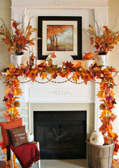 2 Pack Fall Garland Maple Leaf, 5.9Ft/Piece Hanging Vine Garland Artificial Autumn Foliage Garland Thanksgiving Decor for Home Wedding Fireplace Party Christmas (Orange)