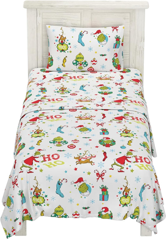 Grinch by Dr. Seuss Holiday & Christmas Bedding Super Soft 100% Cotton Flannel Sheet Set, 3 Pcs, Twin, (Official Dr. Seuss Product)