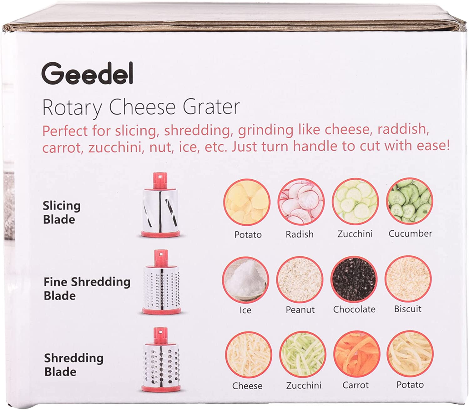 Rotary Cheese Grater, Kitchen Mandoline Vegetable Slicer with 3 Interchangeable Blades, Easy to Clean Grater for Fruit, Vegetables, Nuts
