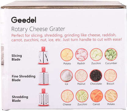 Rotary Cheese Grater, Kitchen Mandoline Vegetable Slicer with 3 Interchangeable Blades, Easy to Clean Grater for Fruit, Vegetables, Nuts