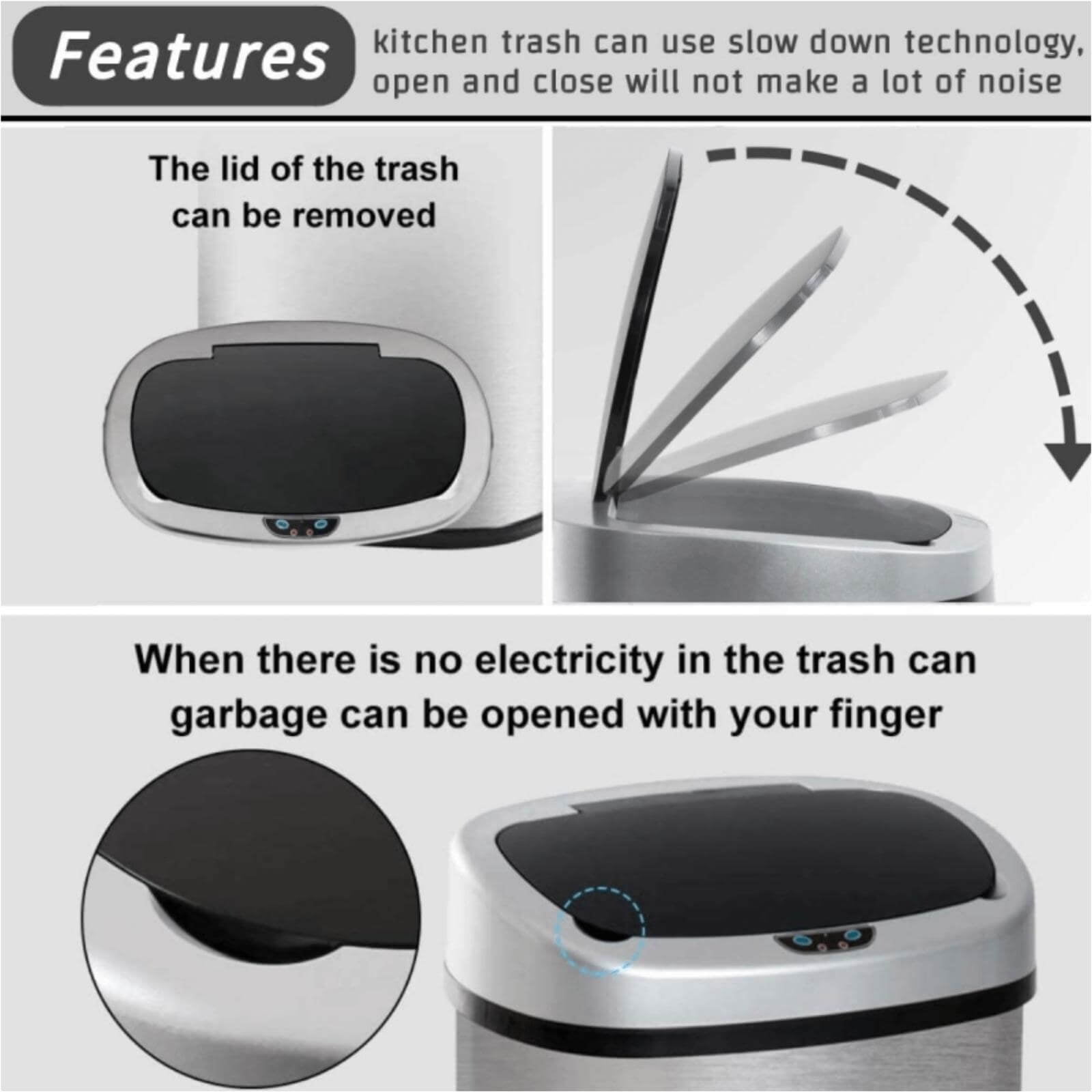 Kitchen  with Lid, 13 Gallon Automatic Stainless Steel Garbage Can with Touch-Free & Motion Sensor, Anti-Fingerprint Mute Designed Waste Bin for Office Home, Silver