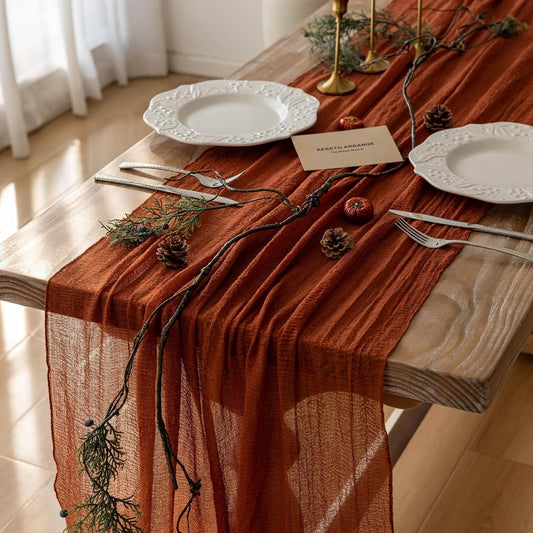 Keketo Thanksgiving Fall Table Runner Cheesecloth Runner Terracotta Gauze 120 Inch 10 FT Rustic Burnt Orange Cheese Cloth for Wedding Baby Bridal Shower Friendsgiving Party Sheer Home Decorations