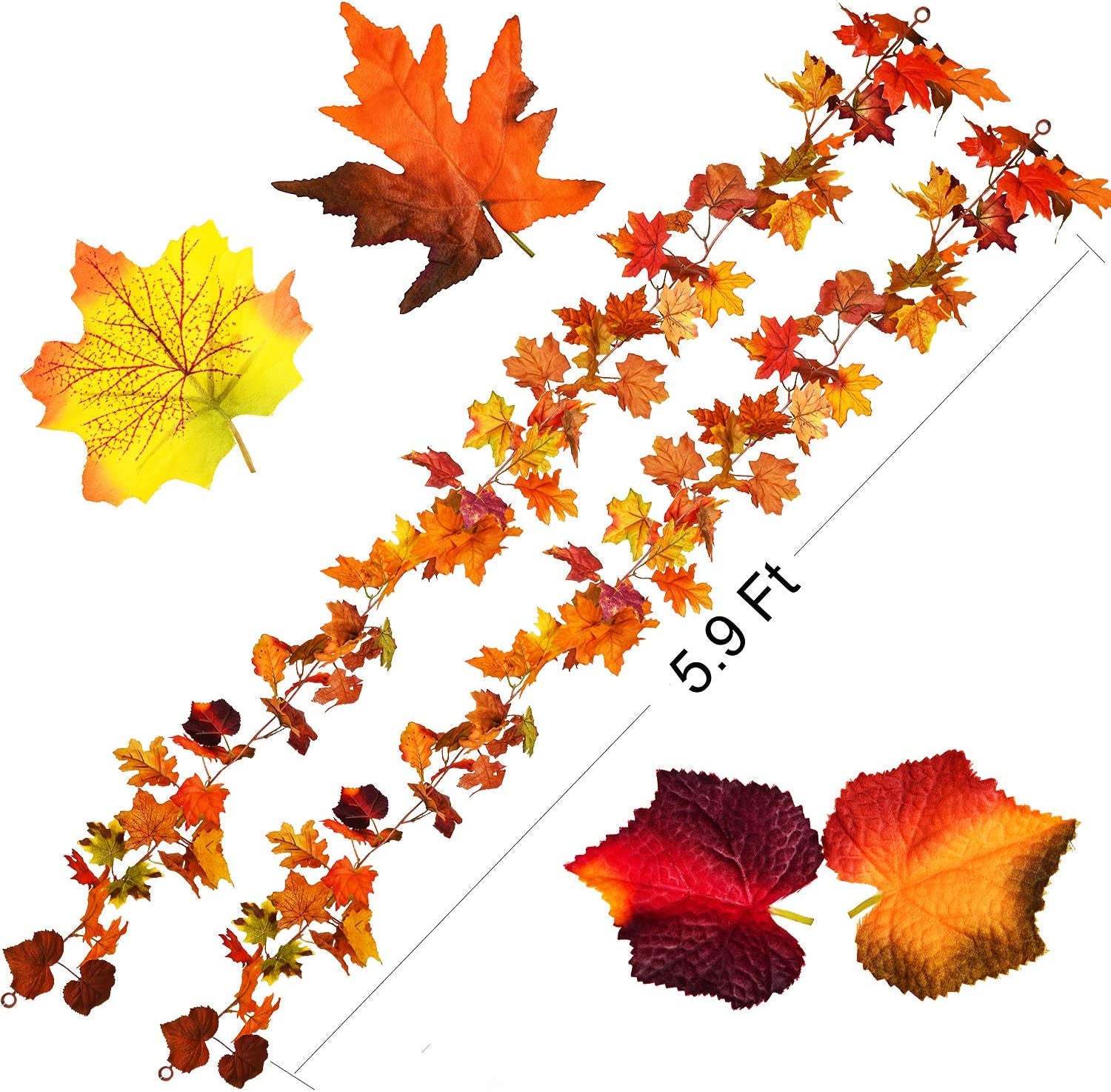 2 Pack Fall Garland Maple Leaf, 5.9Ft/Piece Hanging Vine Garland Artificial Autumn Foliage Garland Thanksgiving Decor for Home Wedding Fireplace Party Christmas (Orange)