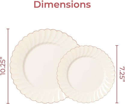 HEAVYWEIGHT 60 PC Scalloped Ivory and Gold Plates | Perfect Thanksgiving Plates, Fall Plates and Friendsgiving Plates | High End Disposable Plates | 30 Dinner Plates & 30 Dessert Plates