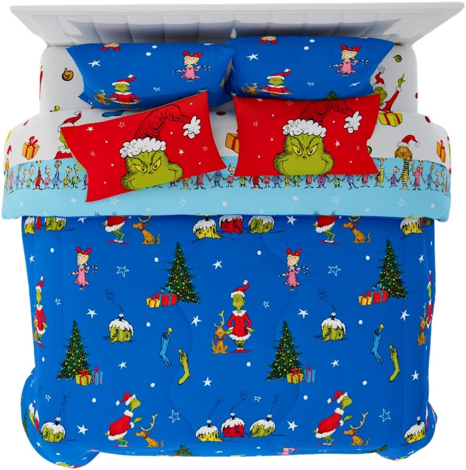 Grinch by Dr. Seuss Holiday & Christmas Bedding Super Soft Comforter and Sheet Set with Sham, 7 Piece King Size (Official Dr. Seuss Product)