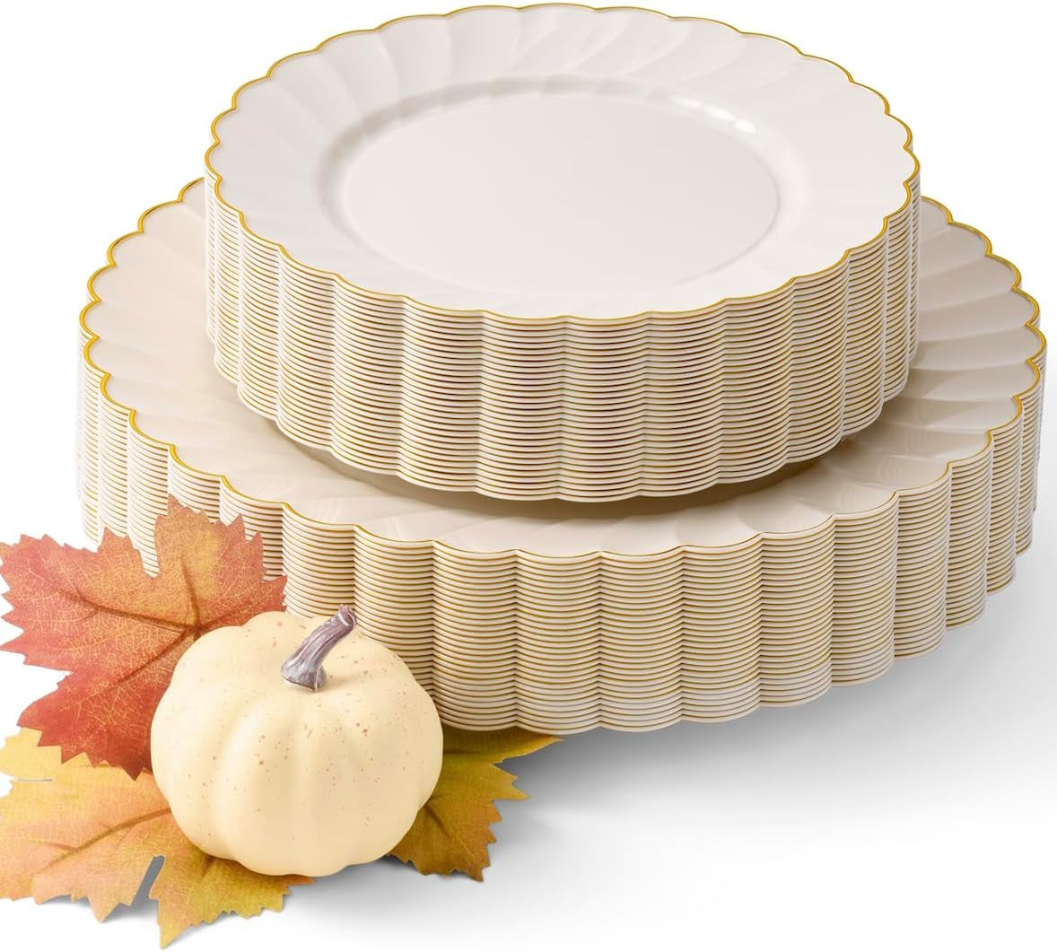 HEAVYWEIGHT 60 PC Scalloped Ivory and Gold Plates | Perfect Thanksgiving Plates, Fall Plates and Friendsgiving Plates | High End Disposable Plates | 30 Dinner Plates & 30 Dessert Plates