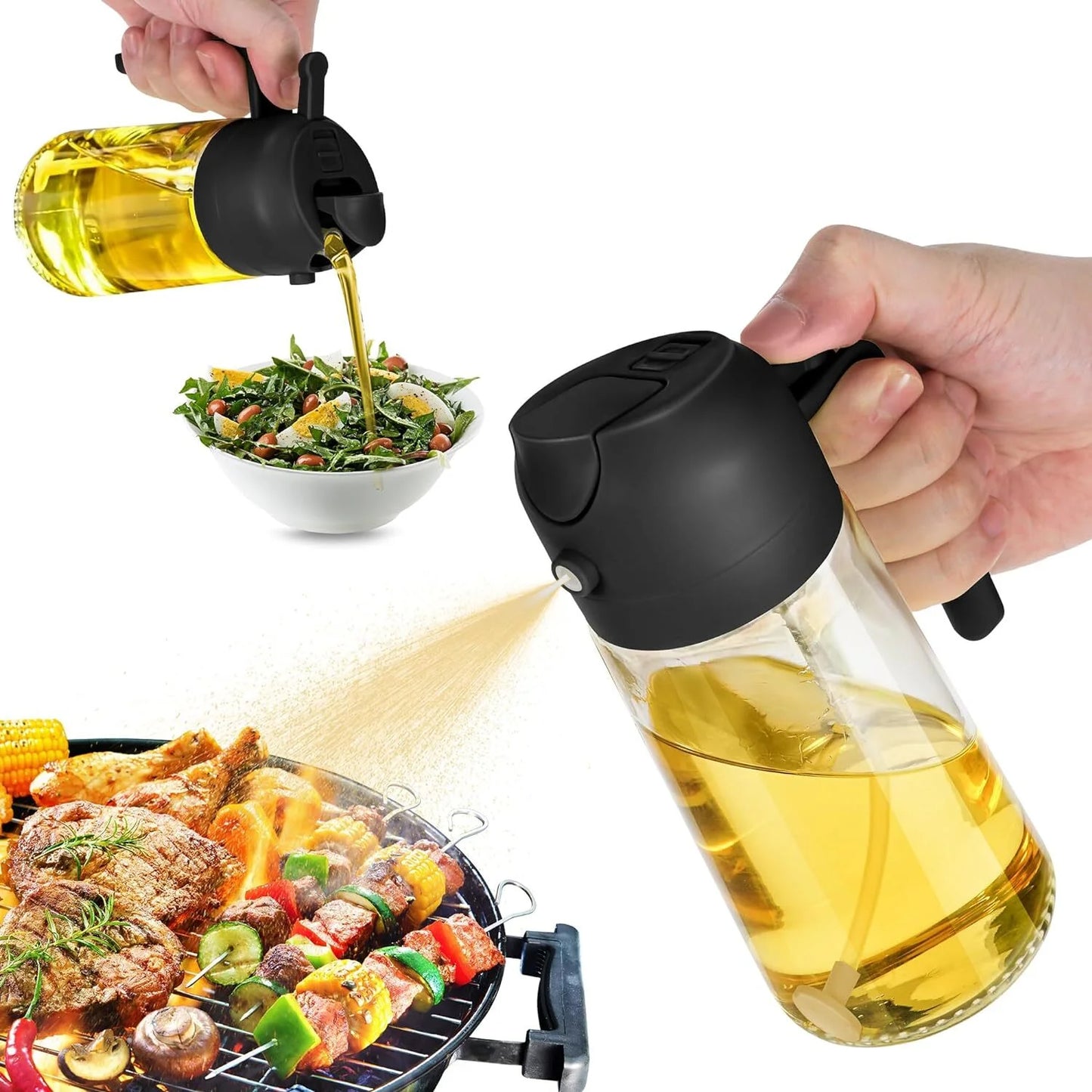 16Oz 2-Pack Oil Dispenser Bottle for Kitchen - 2 in 1 Olive Oil Dispenser and Oil Sprayer - 470Ml Olive Oil Bottle - Oil Sprayer for Cooking, Kitchen, Salad, Barbecue Black Utensils