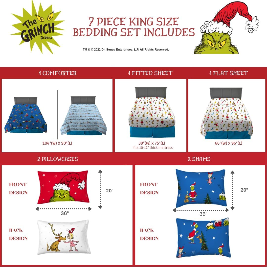 Grinch by Dr. Seuss Holiday & Christmas Bedding Super Soft Comforter and Sheet Set with Sham, 7 Piece King Size (Official Dr. Seuss Product)