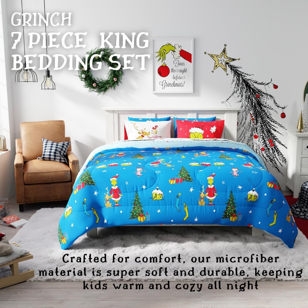 Grinch by Dr. Seuss Holiday & Christmas Bedding Super Soft Comforter and Sheet Set with Sham, 7 Piece King Size (Official Dr. Seuss Product)