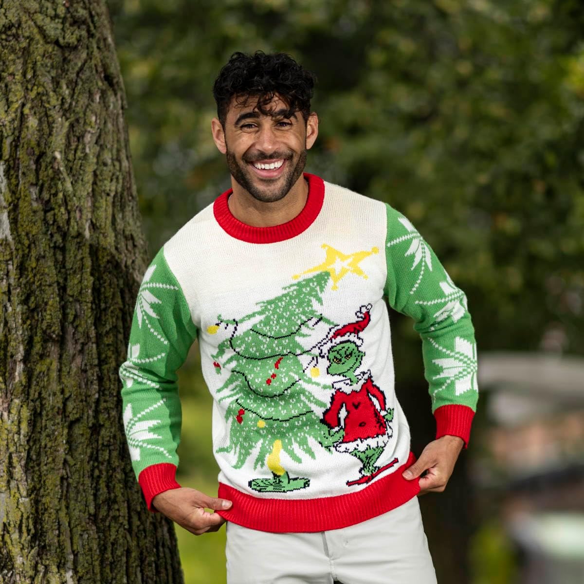 Grinch as Santa Next to Tree Adult Off-White Ugly Christmas Sweater