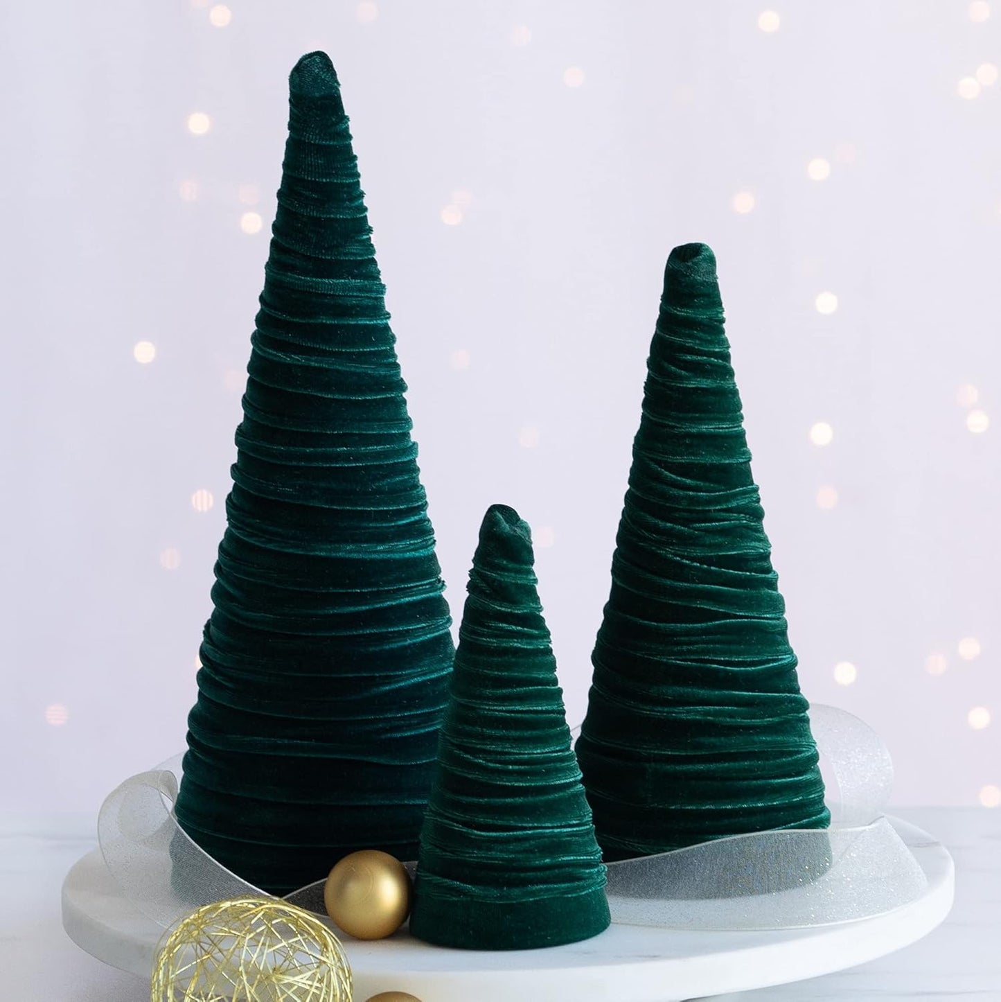 Emerald Velvet Cones Set of 3, Modern Decor, Deep Green, Christmas Entryway, Rustic Winter Home, Minimalist, Tree Figurines (Emerald)