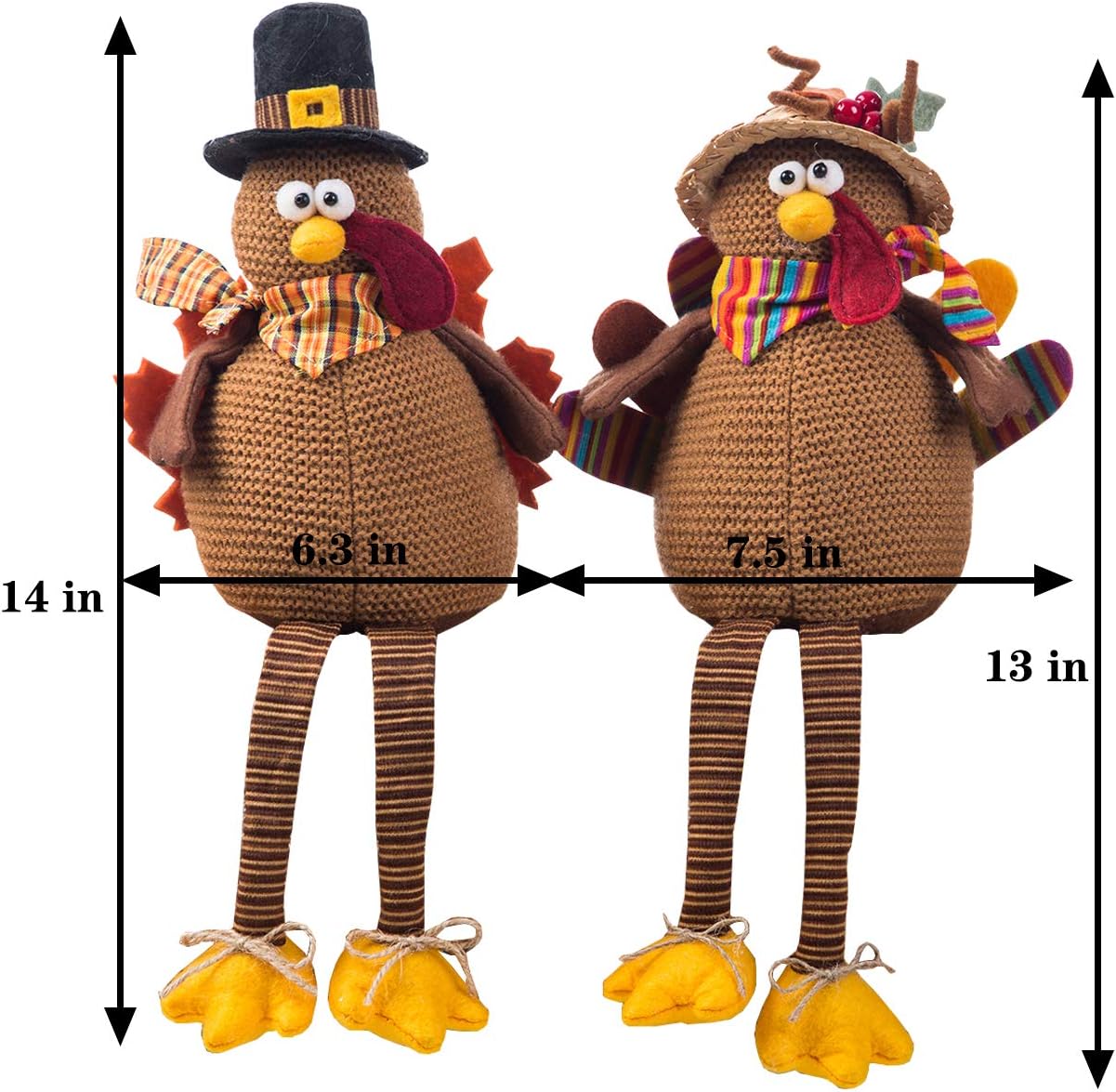 2 Pack Stuffed Turkey Couple Doll Thanksgiving Tabletop Decoration Exquisite Handmade Turkey Doll Kit for Autumn Fall Thanksgiving Home Decor