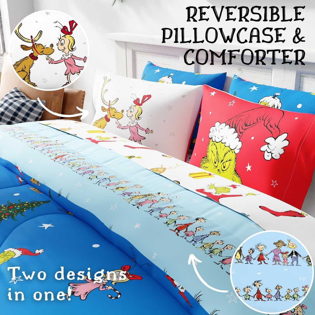 Grinch by Dr. Seuss Holiday & Christmas Bedding Super Soft Comforter and Sheet Set with Sham, 7 Piece King Size (Official Dr. Seuss Product)