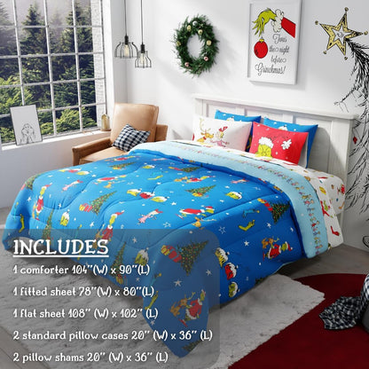 Grinch by Dr. Seuss Holiday & Christmas Bedding Super Soft Comforter and Sheet Set with Sham, 7 Piece King Size (Official Dr. Seuss Product)