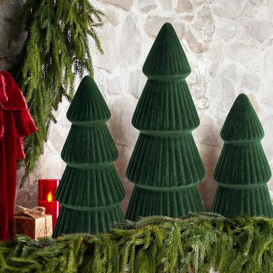 Christmas Decorations Indoor- 3 Pcs Velvet Christmas Tree,Modern Cone Ceramics Christmas Decor Tabletop Winter Home Minimalist for Holiday Entryway Table Mantel Centerpiece(Green)