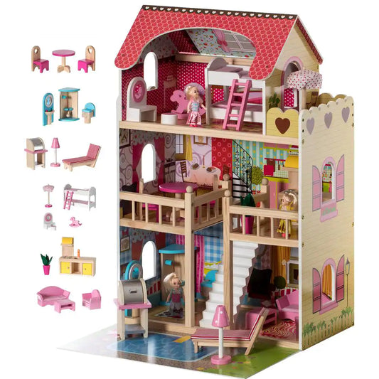 Wooden Doll House with Toys and Furniture Accessories with LED Light for Ages 3 Plus