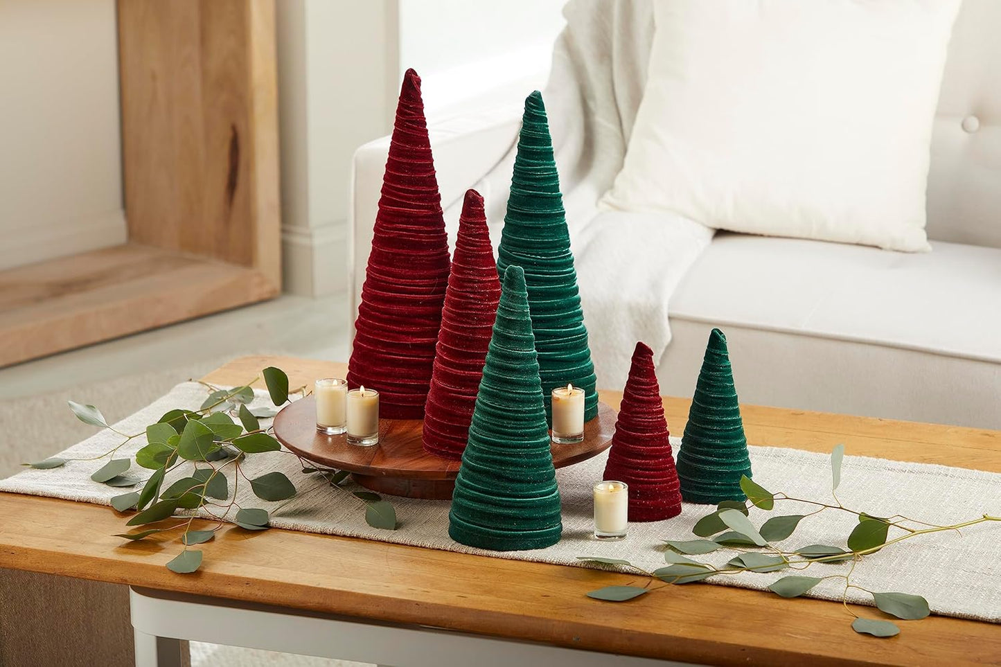 Emerald Velvet Cones Set of 3, Modern Decor, Deep Green, Christmas Entryway, Rustic Winter Home, Minimalist, Tree Figurines (Emerald)