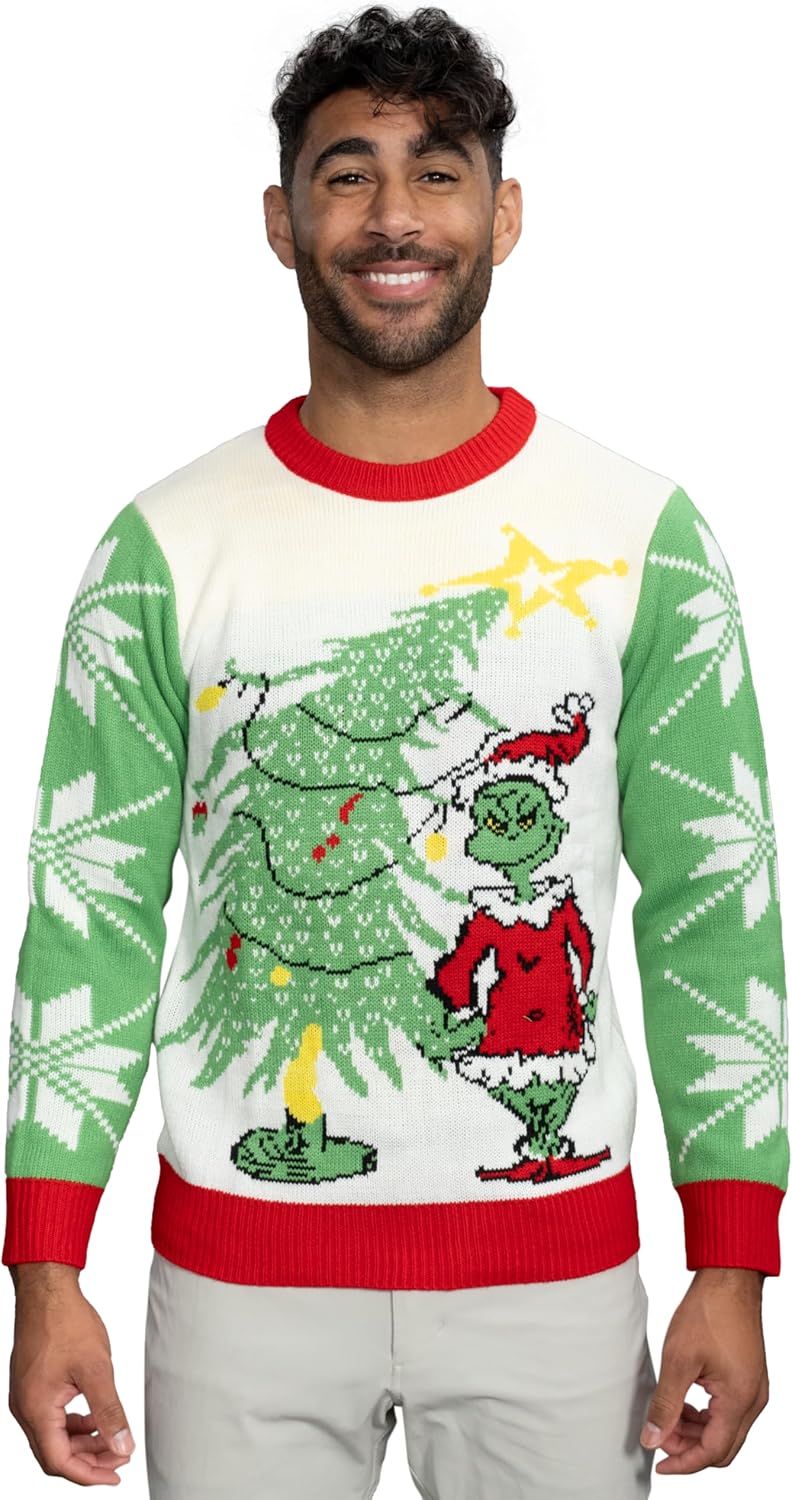 Grinch as Santa Next to Tree Adult Off-White Ugly Christmas Sweater