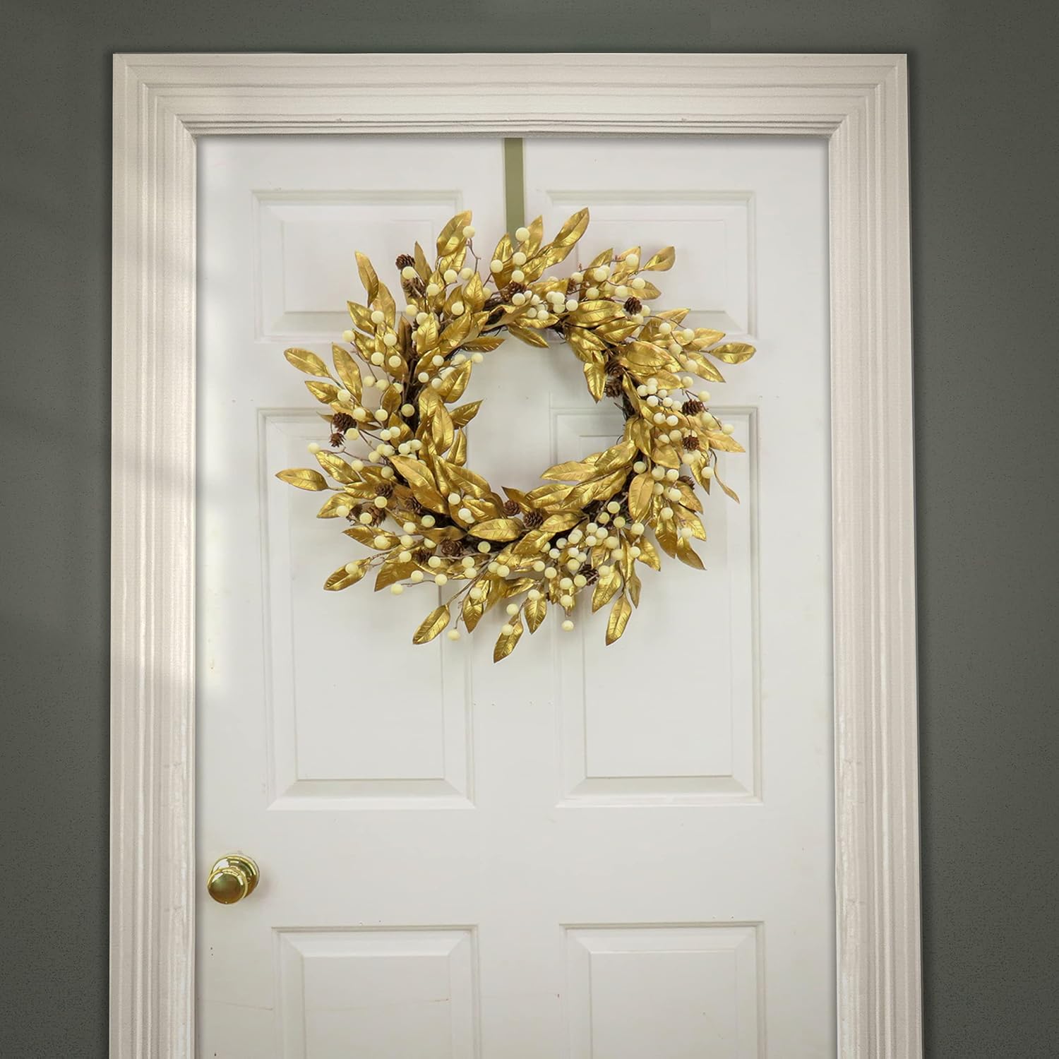 HGTV Home Collection Unlit Artificial Christmas Wreath, Metallic Gold Laurel Leaves, Woven Branch Ring Base, Unlit, 24 Inches