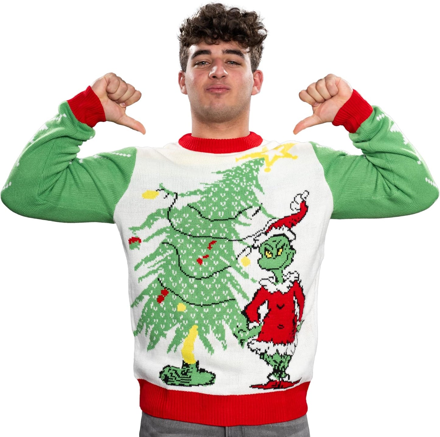 Grinch as Santa Next to Tree Adult Off-White Ugly Christmas Sweater