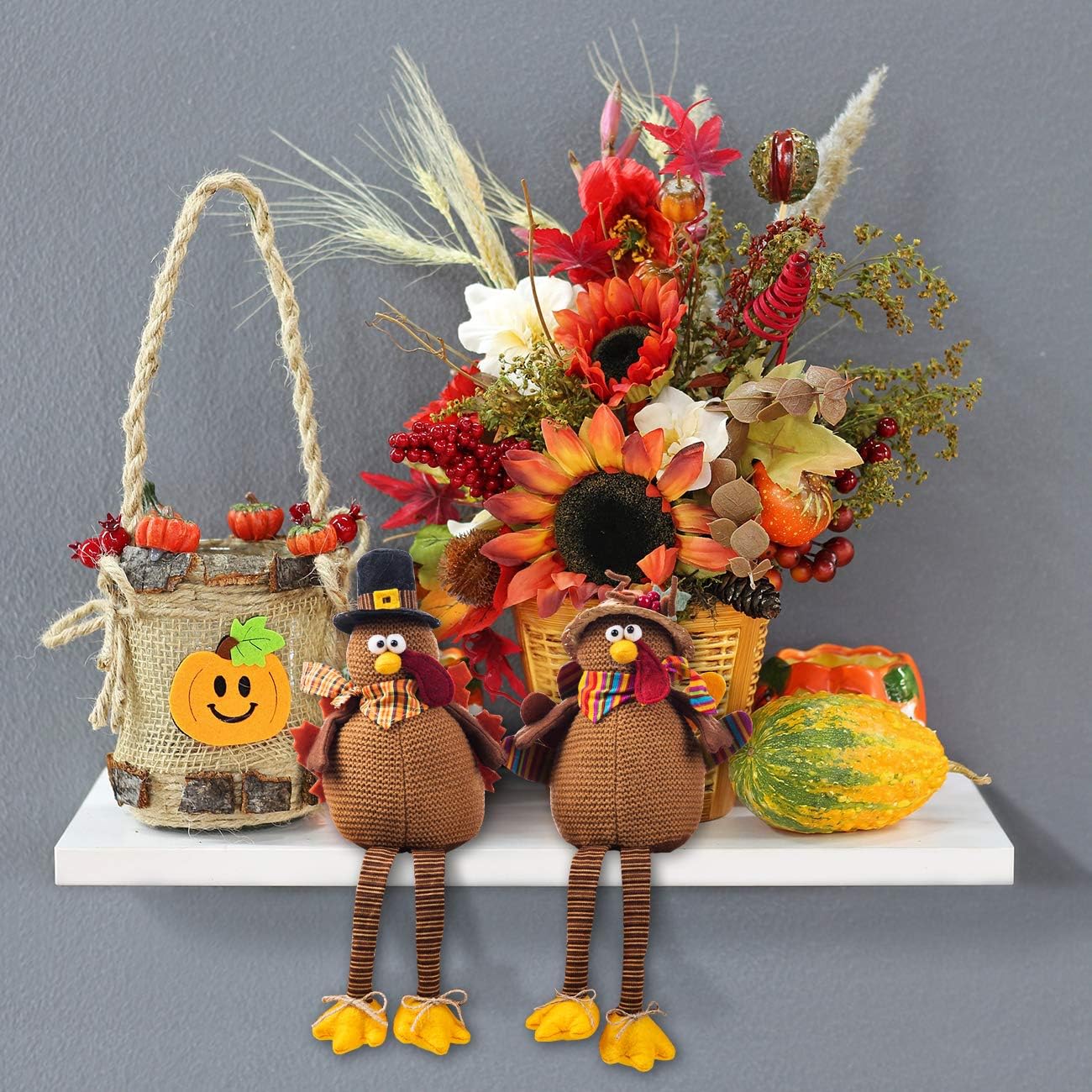 2 Pack Stuffed Turkey Couple Doll Thanksgiving Tabletop Decoration Exquisite Handmade Turkey Doll Kit for Autumn Fall Thanksgiving Home Decor