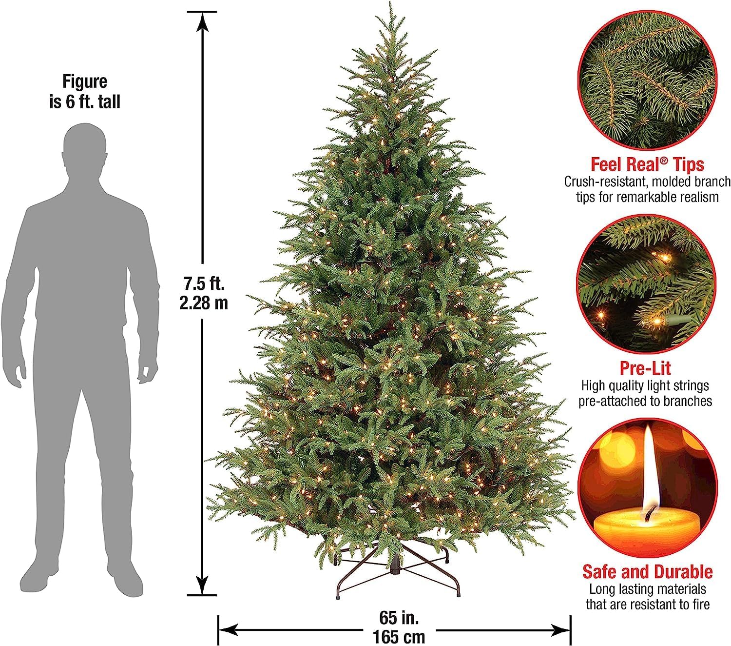 Pre-Lit 'Feel Real' Artificial Full Christmas Tree, Green, Frasier Grande, White Lights, Includes Stand, 7.5 Feet