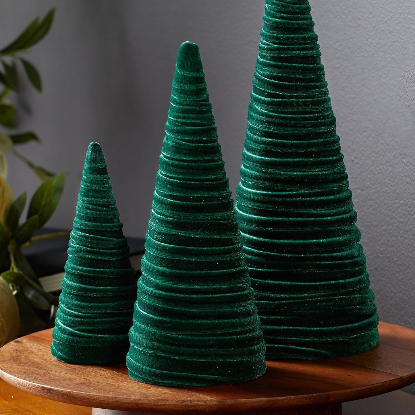 Emerald Velvet Cones Set of 3, Modern Decor, Deep Green, Christmas Entryway, Rustic Winter Home, Minimalist, Tree Figurines (Emerald)