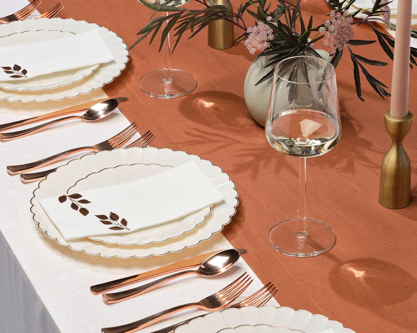 HEAVYWEIGHT 60 PC Scalloped Ivory and Gold Plates | Perfect Thanksgiving Plates, Fall Plates and Friendsgiving Plates | High End Disposable Plates | 30 Dinner Plates & 30 Dessert Plates