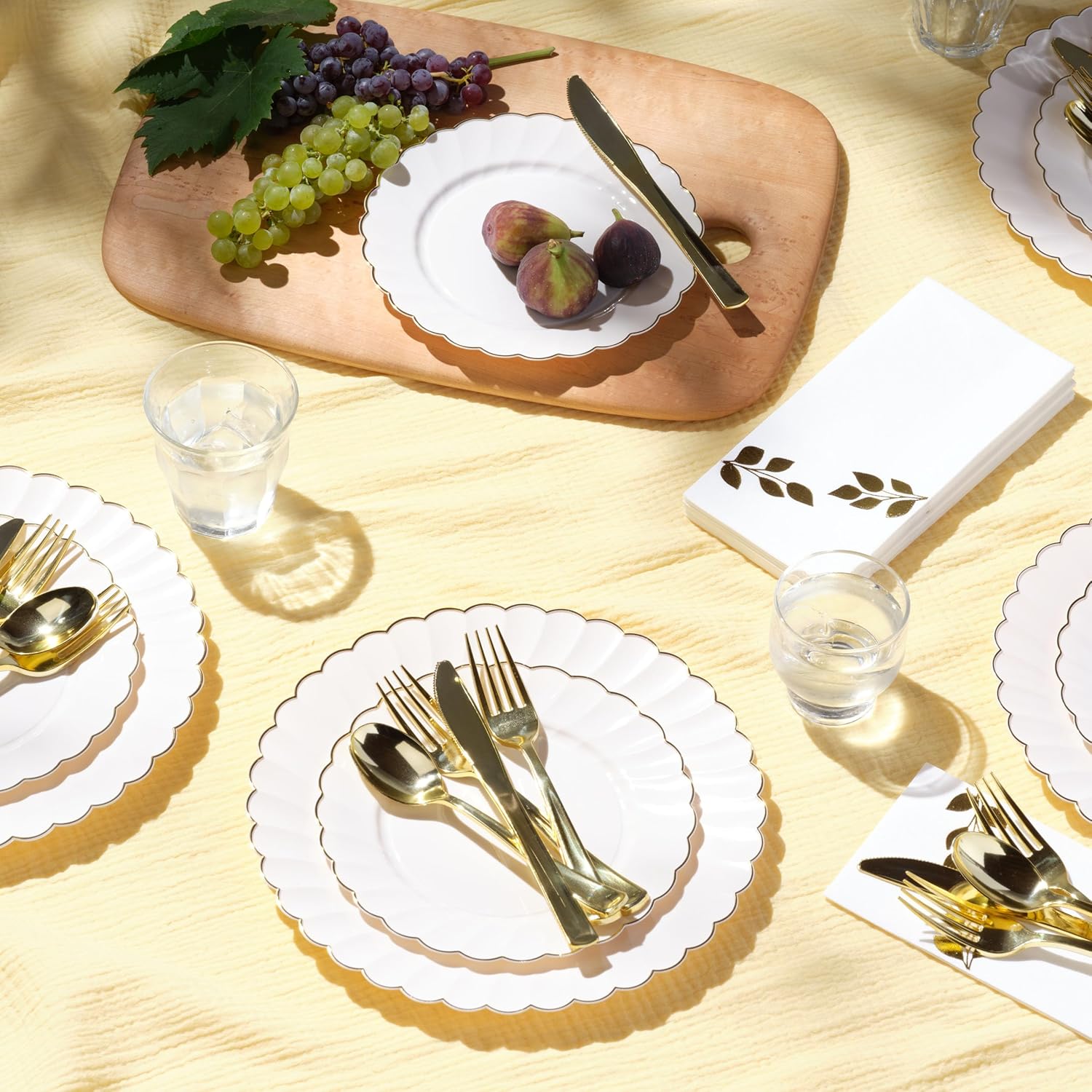 HEAVYWEIGHT 60 PC Scalloped Ivory and Gold Plates | Perfect Thanksgiving Plates, Fall Plates and Friendsgiving Plates | High End Disposable Plates | 30 Dinner Plates & 30 Dessert Plates