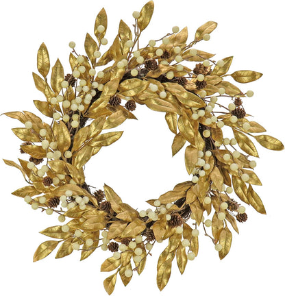 HGTV Home Collection Unlit Artificial Christmas Wreath, Metallic Gold Laurel Leaves, Woven Branch Ring Base, Unlit, 24 Inches