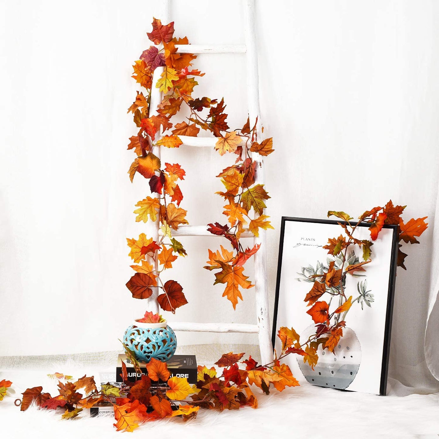 2 Pack Fall Garland Maple Leaf, 5.9Ft/Piece Hanging Vine Garland Artificial Autumn Foliage Garland Thanksgiving Decor for Home Wedding Fireplace Party Christmas (Orange)