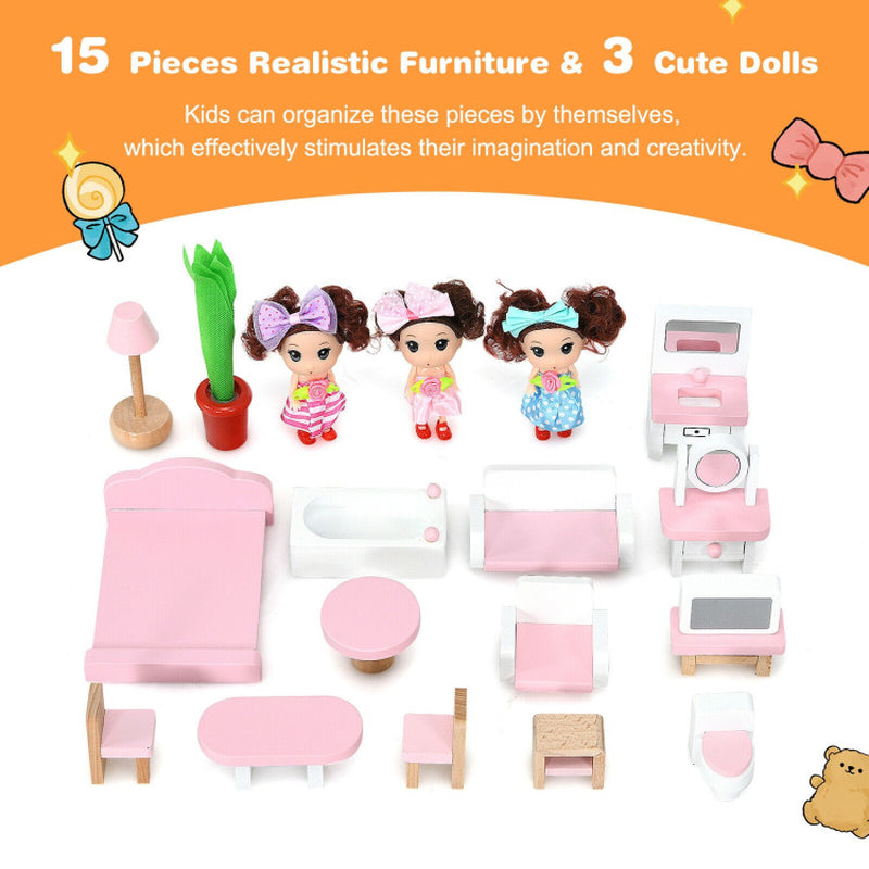 Wooden Dollhouse 3-Story Pretend Playset with Furniture and Doll Gift for Age 3+ Year