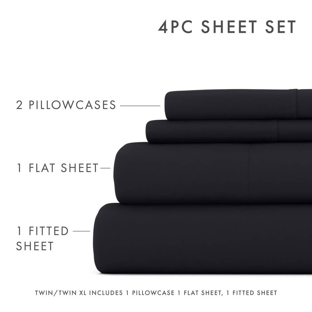 4-Piece Black Solid Microfiber Queen Sheet Set