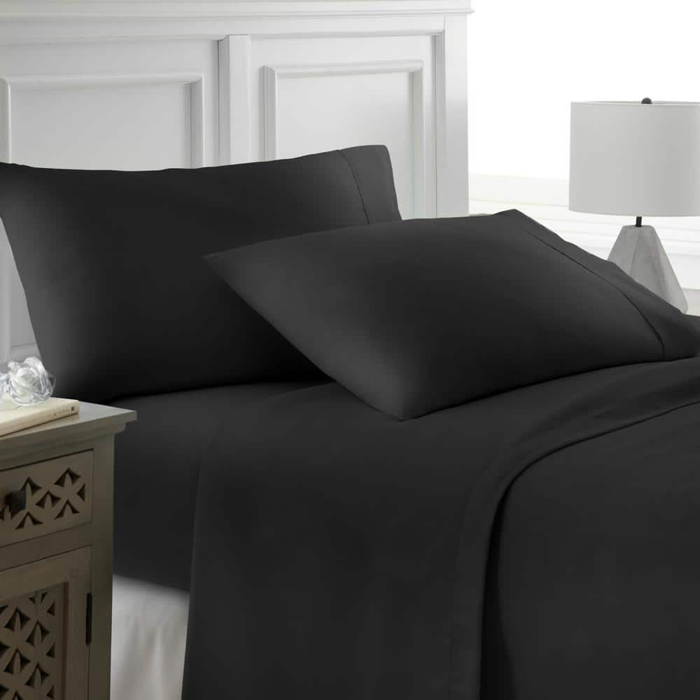 4-Piece Black Solid Microfiber Queen Sheet Set