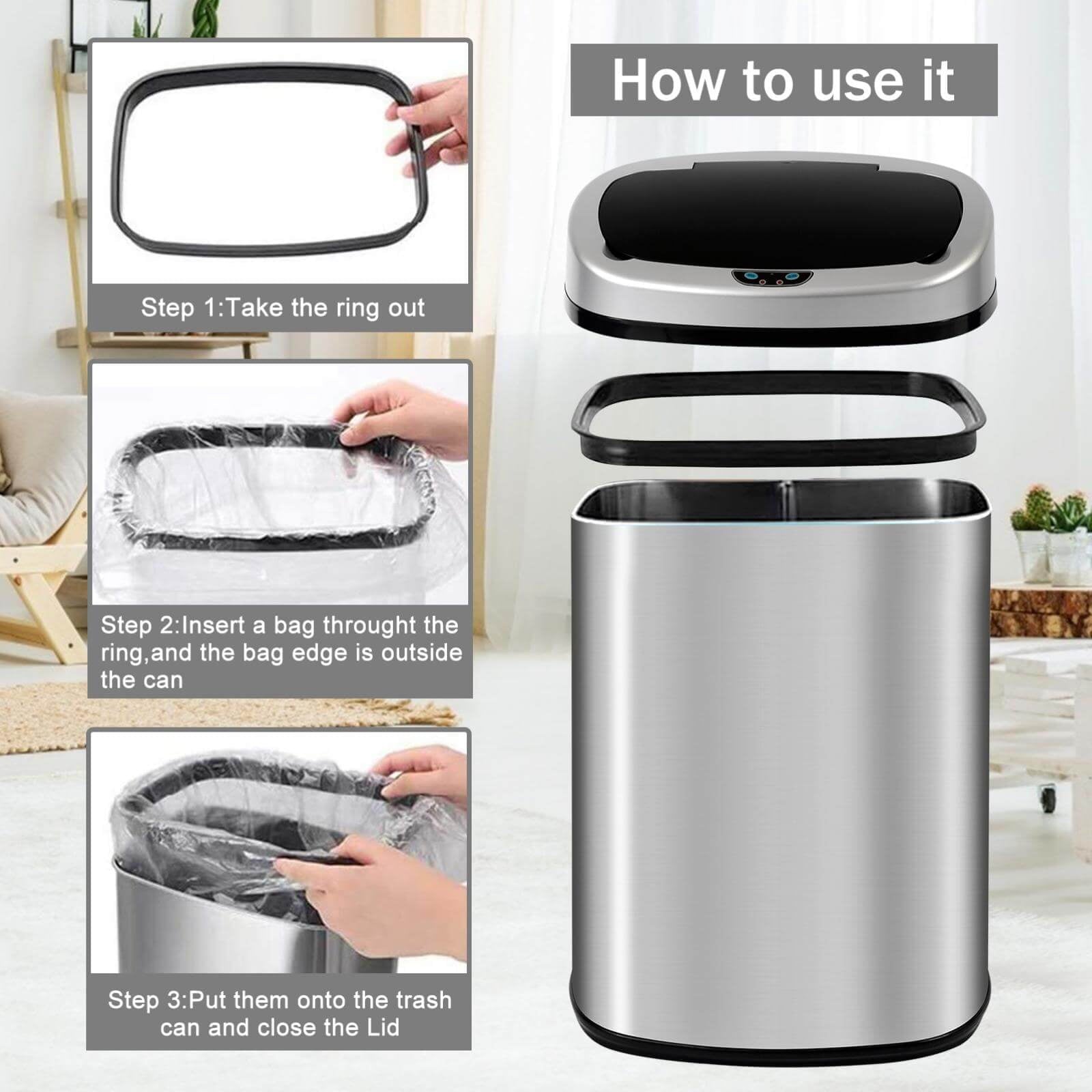 Kitchen  with Lid, 13 Gallon Automatic Stainless Steel Garbage Can with Touch-Free & Motion Sensor, Anti-Fingerprint Mute Designed Waste Bin for Office Home, Silver