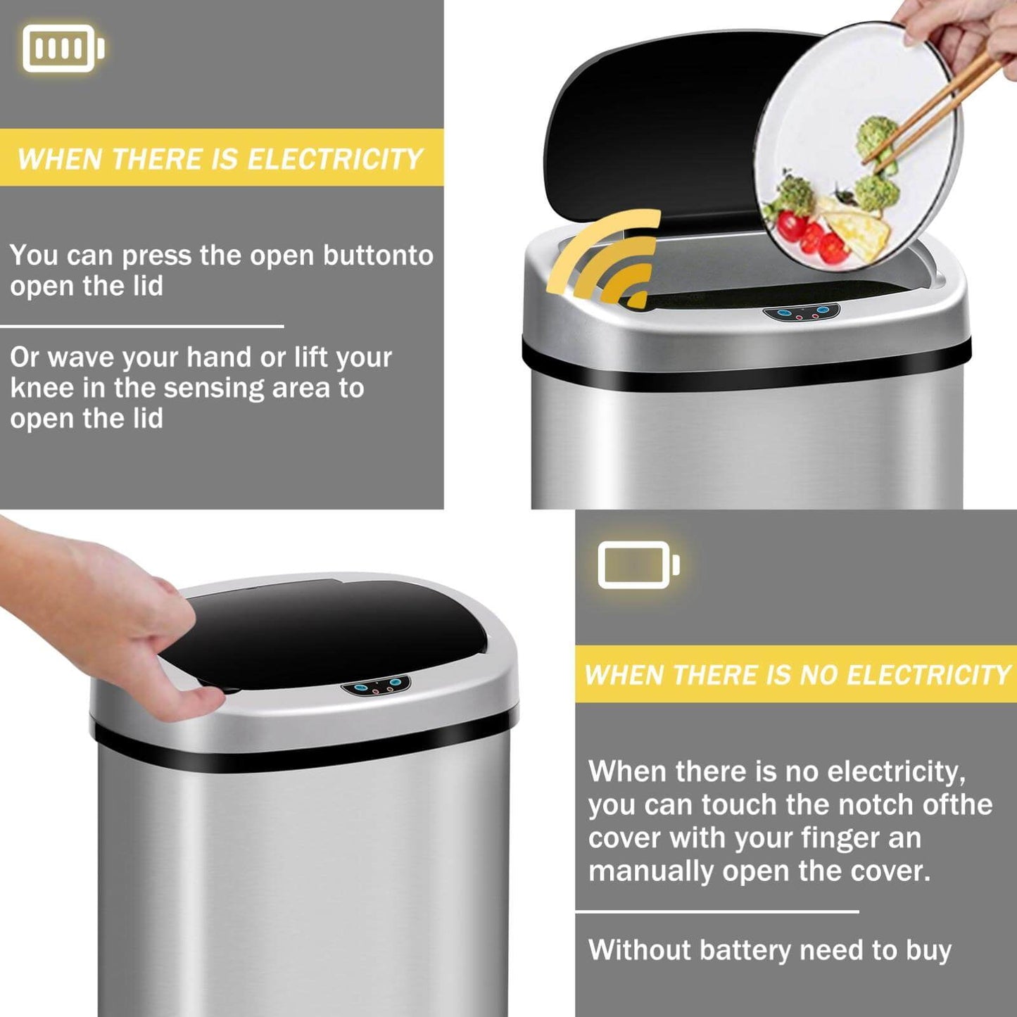 Kitchen  with Lid, 13 Gallon Automatic Stainless Steel Garbage Can with Touch-Free & Motion Sensor, Anti-Fingerprint Mute Designed Waste Bin for Office Home, Silver