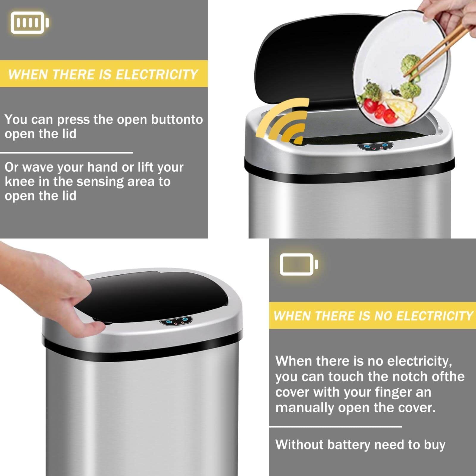 Kitchen  with Lid, 13 Gallon Automatic Stainless Steel Garbage Can with Touch-Free & Motion Sensor, Anti-Fingerprint Mute Designed Waste Bin for Office Home, Silver