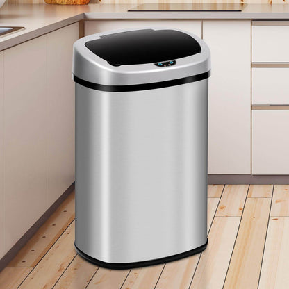 Kitchen  with Lid, 13 Gallon Automatic Stainless Steel Garbage Can with Touch-Free & Motion Sensor, Anti-Fingerprint Mute Designed Waste Bin for Office Home, Silver
