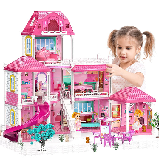 3-Story 8 Rooms Playhouse with 2 Dolls Toy Figures, Doll House Funiture with Slide, Birthday Christmas Gift Toys for Girls Boys Age 3+